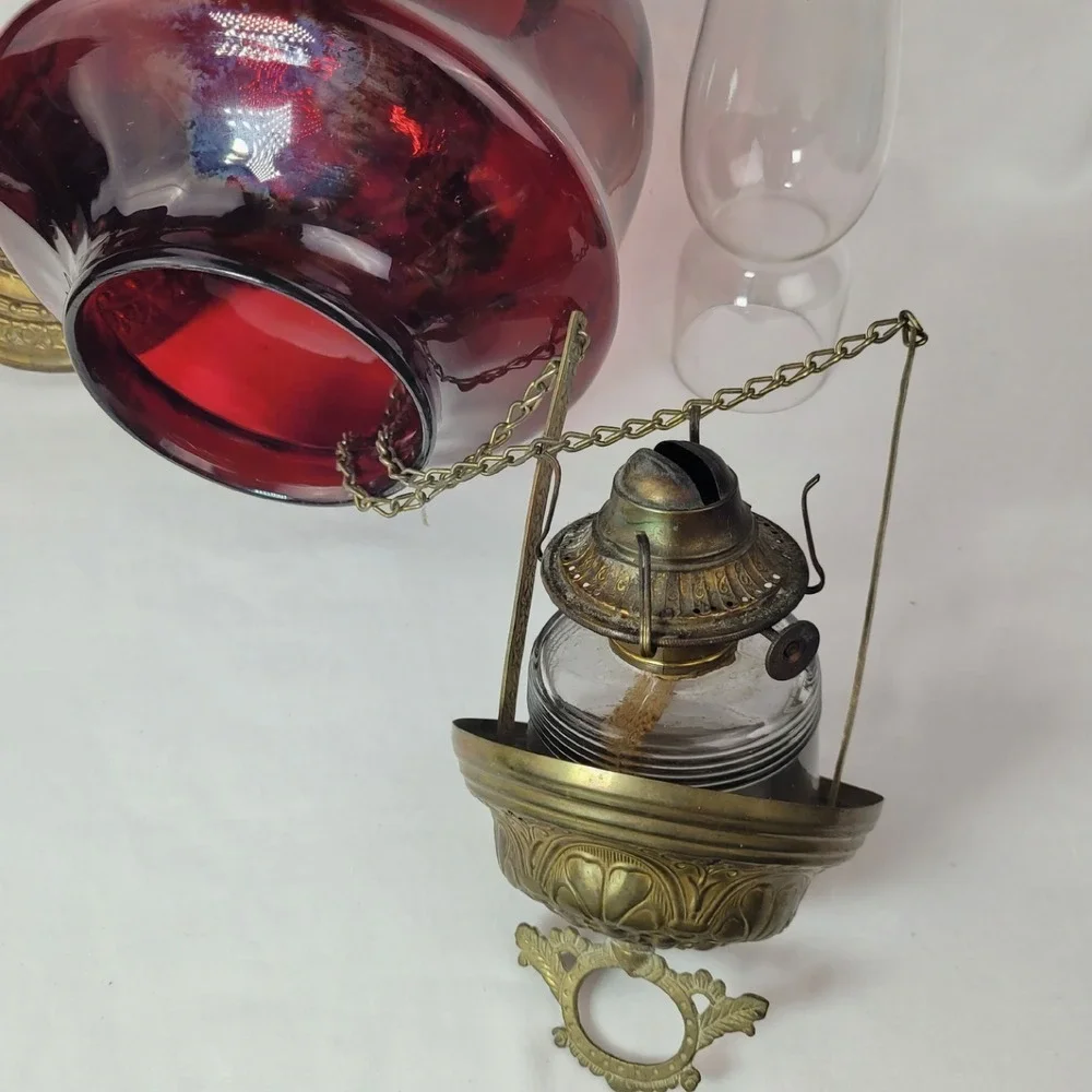 Antique Ruby Red Glass Hanging Oil Lamp Macbeth Pearl Glass Chimney Brass Trim